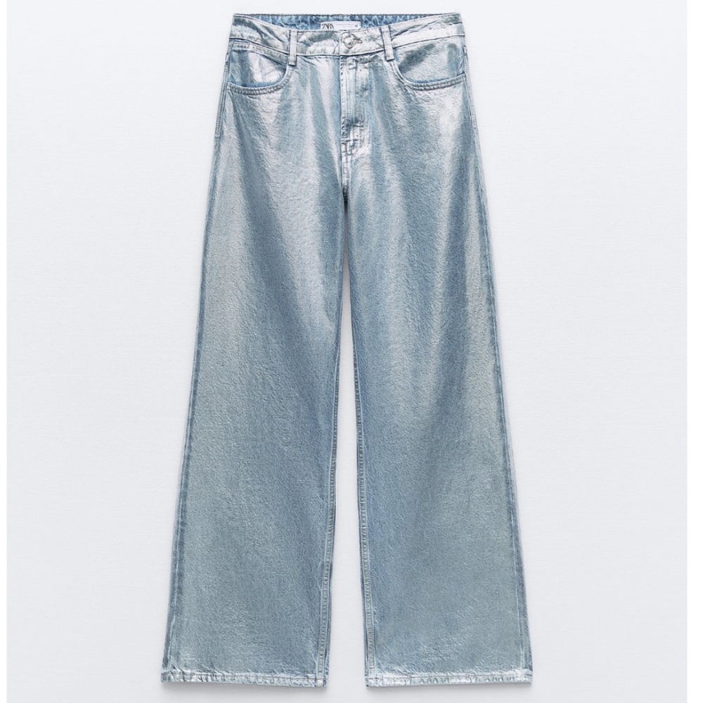 Zara Z1975 metallic silver mid rise straight relaxed cut jeans NWT